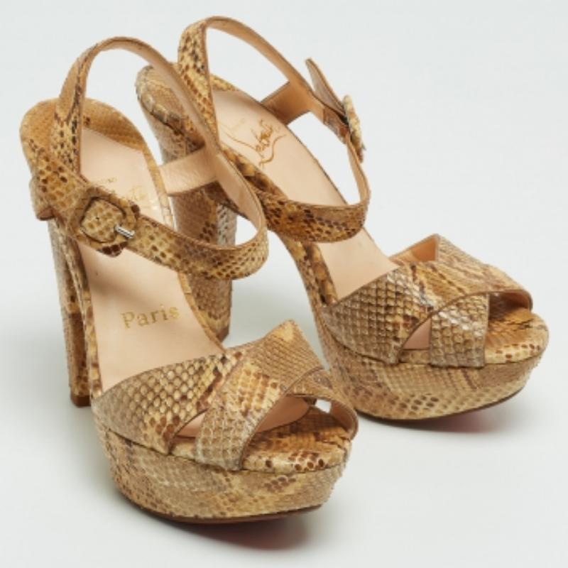 Christian Louboutin Beige Python Leather  Ankle Strap Sandals Size 35 For Sale 2