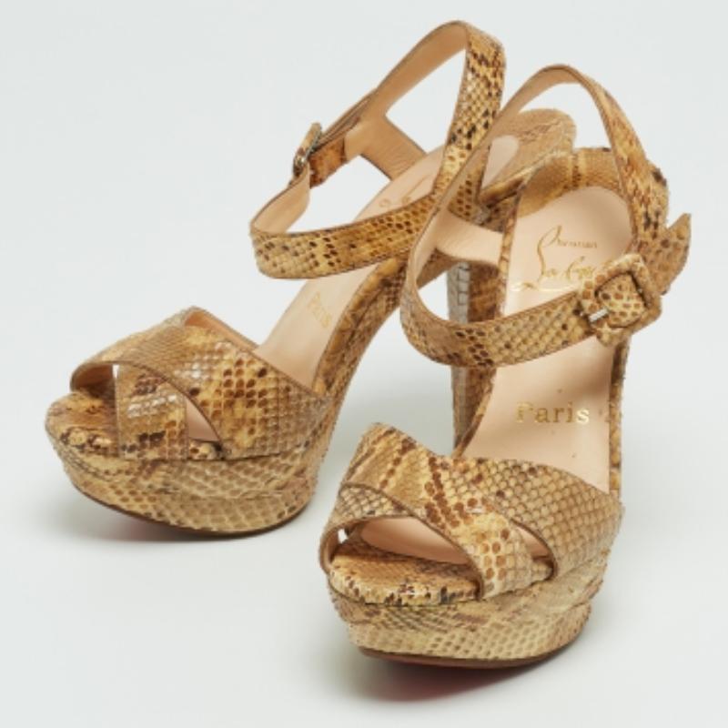 Christian Louboutin Beige Python Leather  Ankle Strap Sandals Size 35 For Sale 3