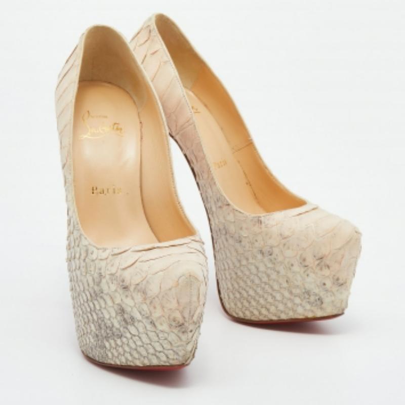 Women's Christian Louboutin Beige Python Leather Daffodile Platform Pumps Size 36 For Sale