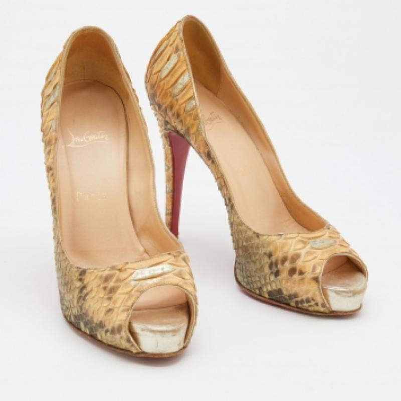 De las mujeres Christian Louboutin Bombas Peep Toe Very Prive de Piel de Pitón Beige Talla 37 en venta