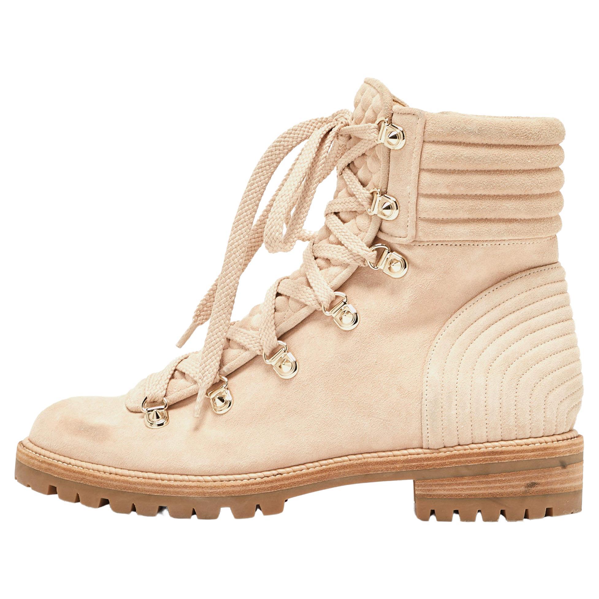 Christian Louboutin Beige Quilted Suede Mad Combat Boots Size 39 For Sale