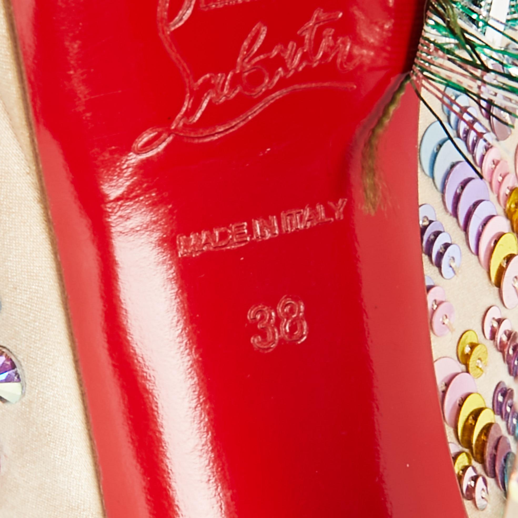 Women's Christian Louboutin Beige Satin 'Make Up Trash' Lady Peep-Toe Pumps Size 38 For Sale