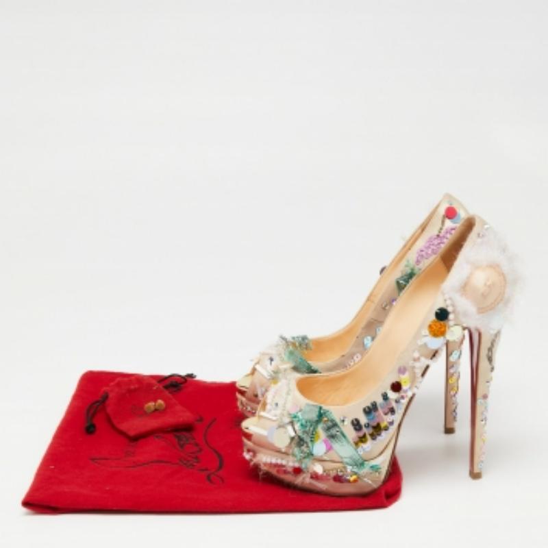 Christian Louboutin Beige Satin 'Make Up Trash' Lady Peep-Toe Pumps Size 38 For Sale 4