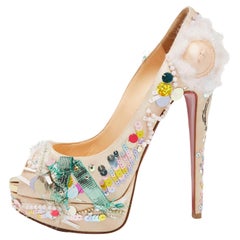 Christian Louboutin Beige Satin 'Make Up Trash' Lady Peep-Toe Pumps Size 38