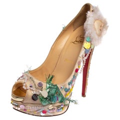 Christian Louboutin Beige Satin 'Make Up Trash' Lady Peep Toe Pumps Size 39.5