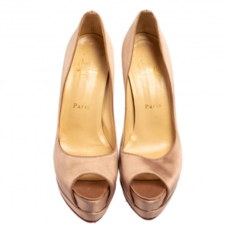 Women's Christian Louboutin Beige Satin Palais Royal Peep Toe Platform Pumps Size 37.5 For Sale