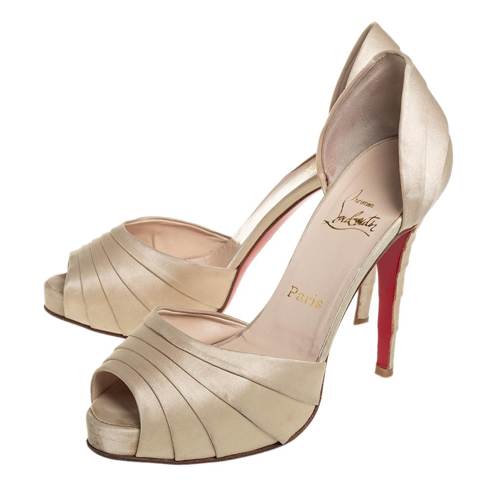 Women's Christian Louboutin Beige Satin Ruffle Detail Peep Toe D'orsay Pumps Size 39