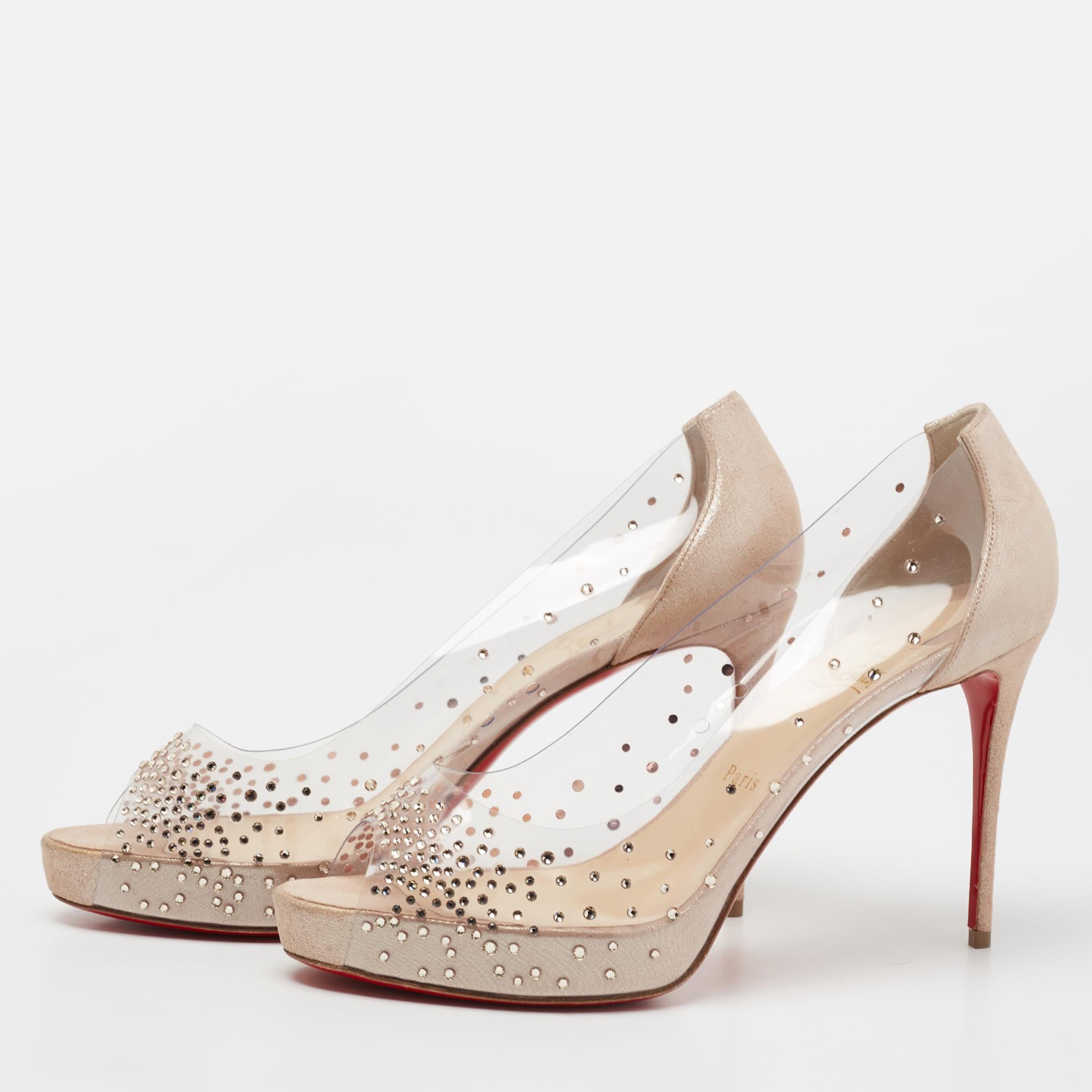 Christian Louboutin Beige Shimmer Suede  PVC Very Strass Peep-Toe Pumps Size 41 1