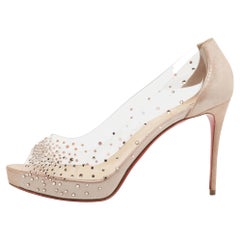 Christian Louboutin Beige Shimmer Suede  PVC Very Strass Peep-Toe Pumps Size 41