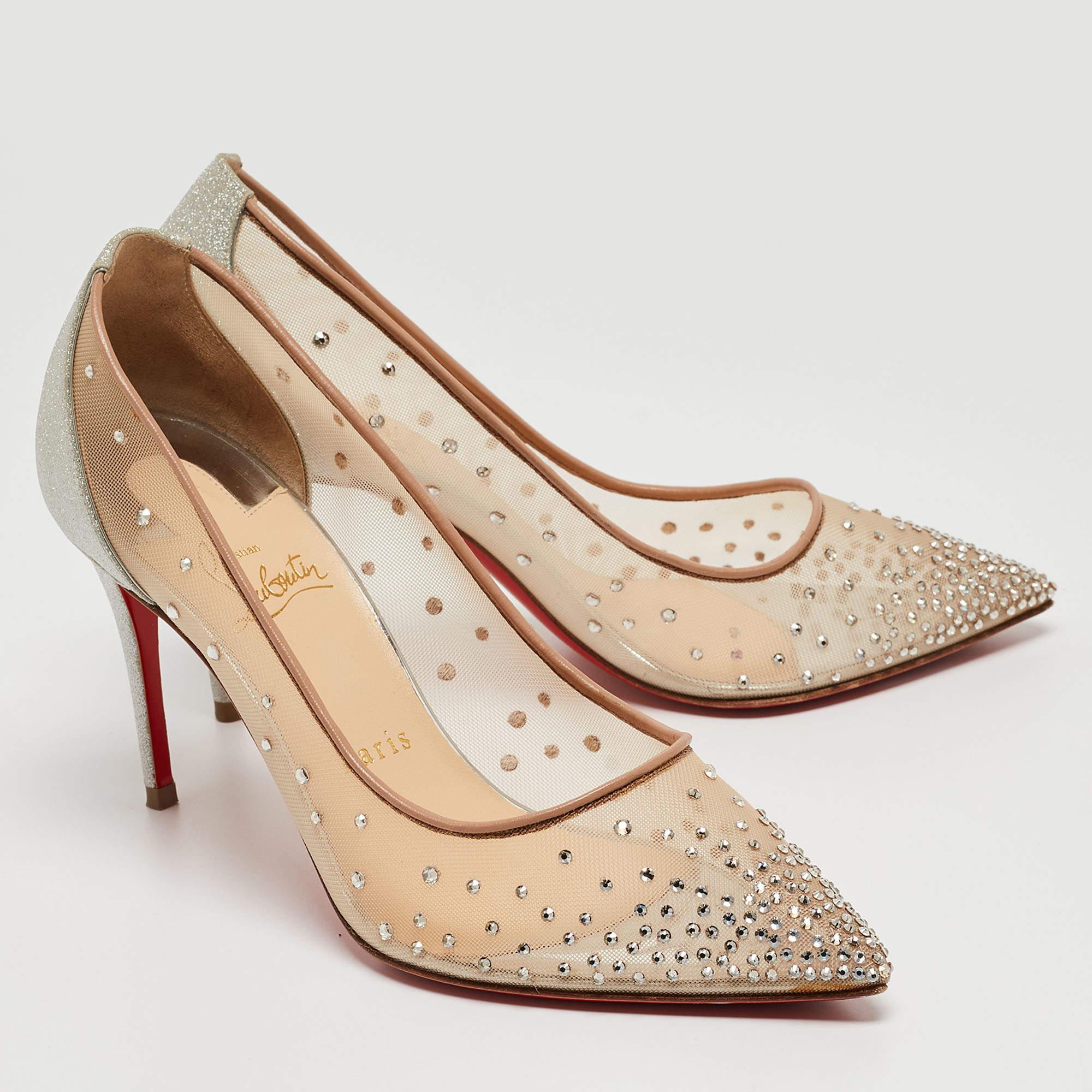 Christian Louboutin Beige/Silver Mesh and Glitter Follies Strass Pumps Size 37 For Sale 1