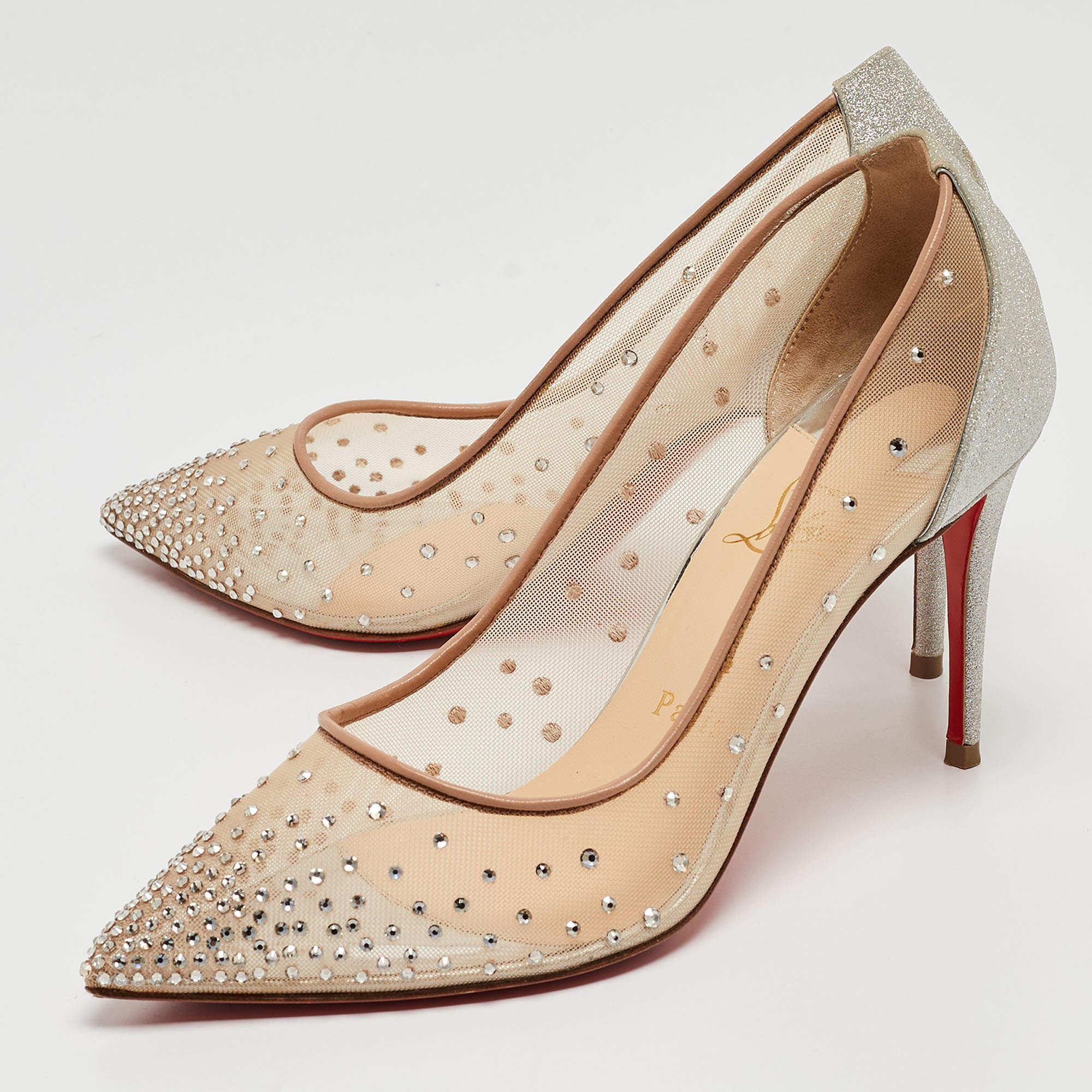 Christian Louboutin Beige/Silver Mesh and Glitter Follies Strass Pumps Size 37 For Sale 2