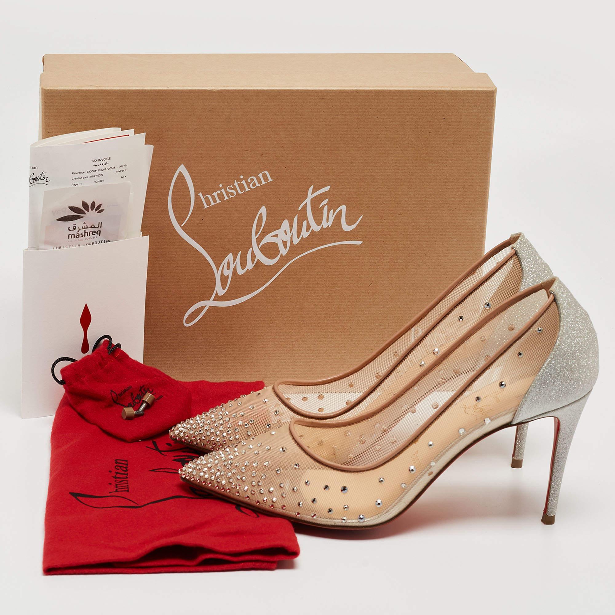 Christian Louboutin Beige/Silver Mesh and Glitter Follies Strass Pumps Size 37 For Sale 3
