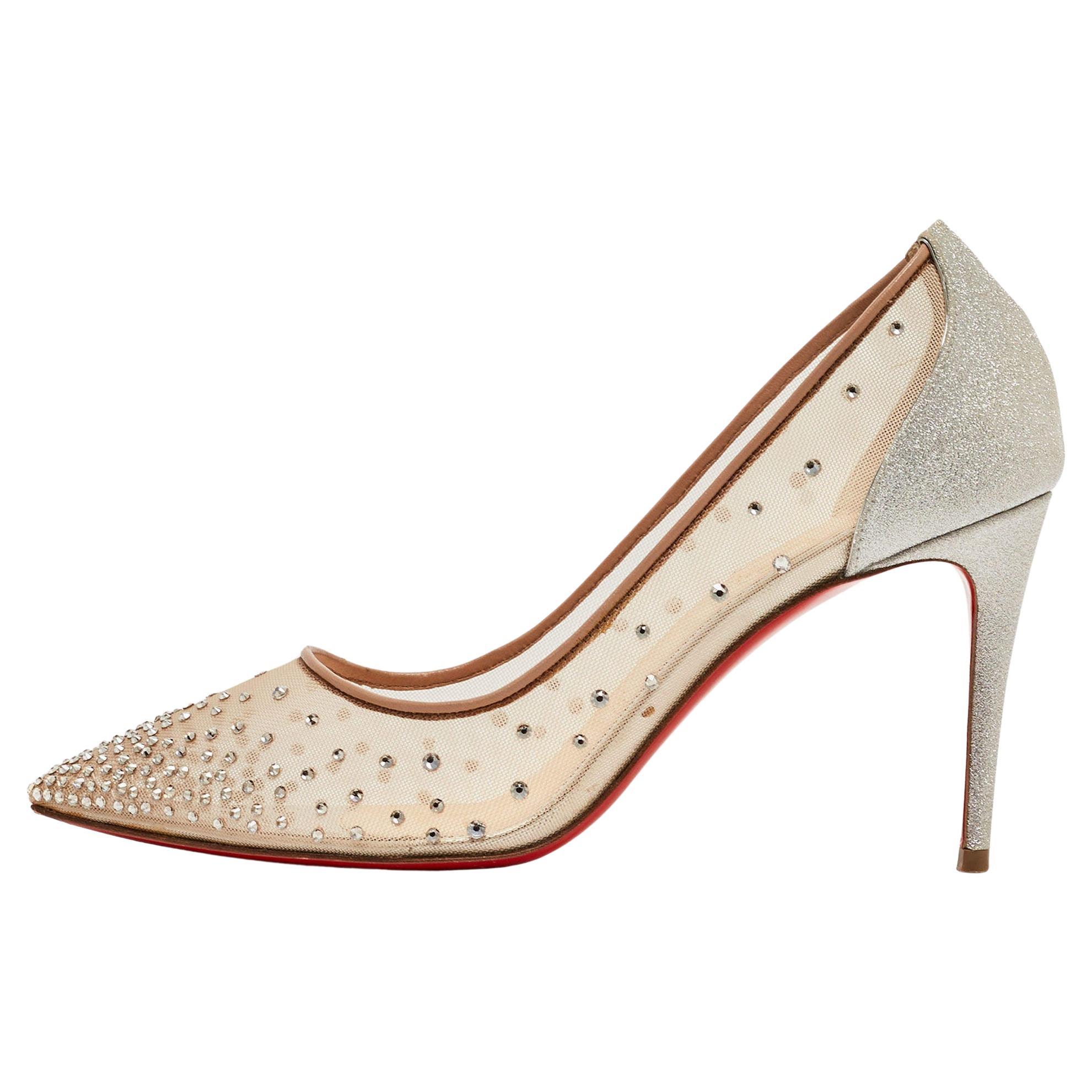 Christian Louboutin Beige/Silver Mesh and Glitter Follies Strass Pumps Size 37 For Sale