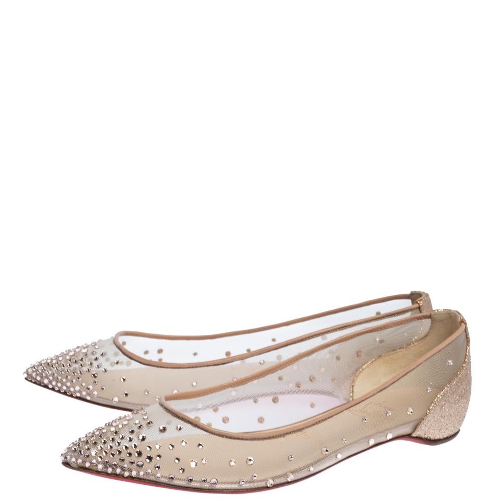 Christian Louboutin Beige Strass Pointed Toe Ballet Flats Size 35.5 at ...