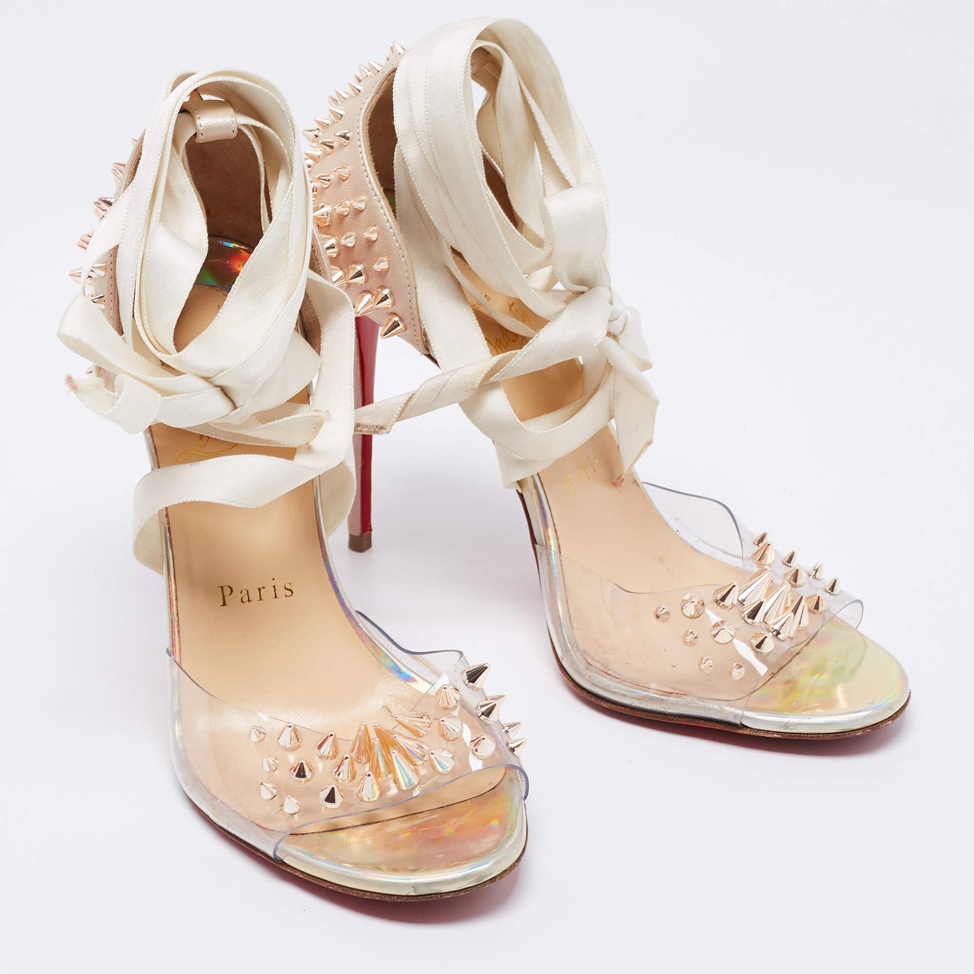 Christian Louboutin Beige Studded Leather and PVC Ankle Tie Sandals Size 37 In Good Condition In Dubai, Al Qouz 2