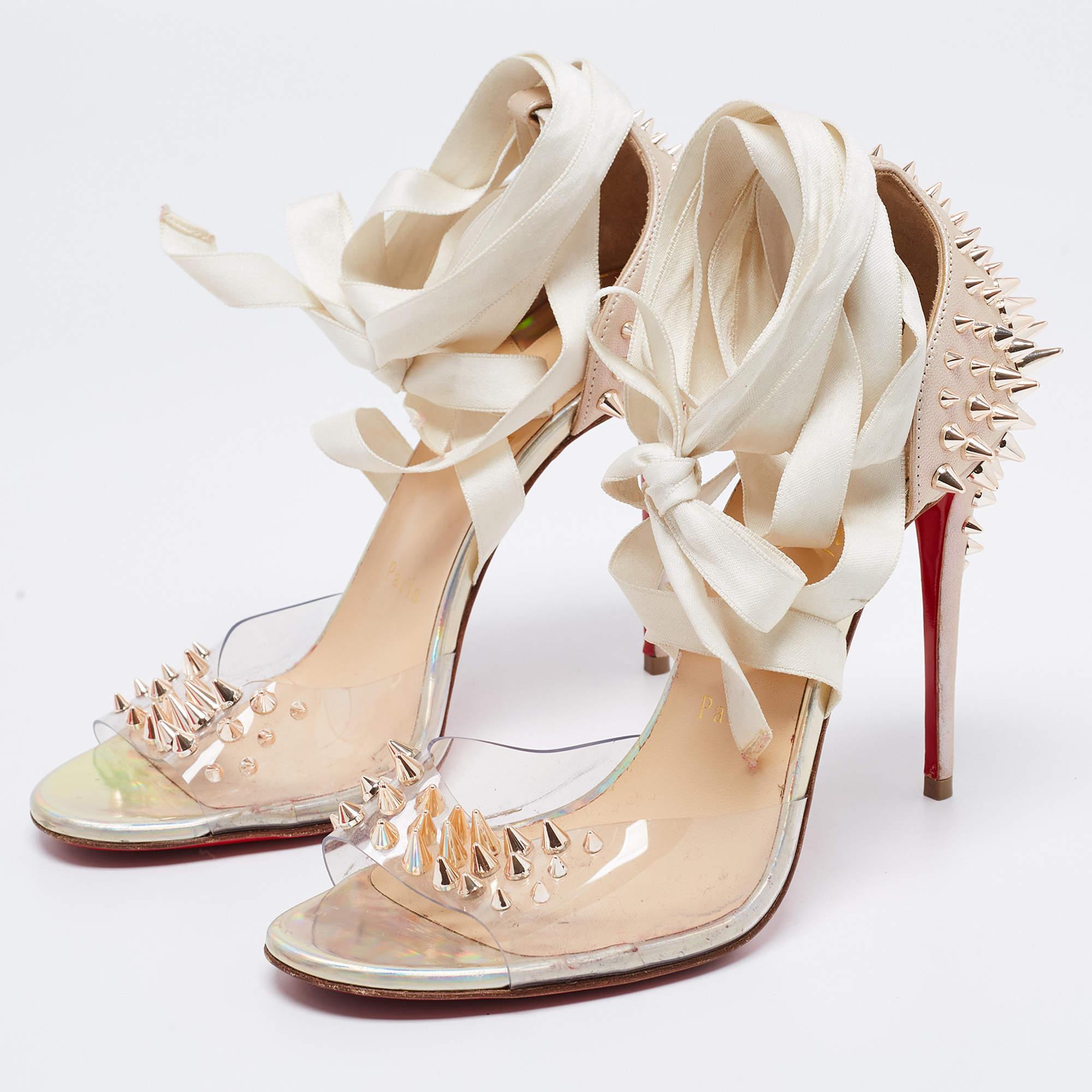 Christian Louboutin Beige Studded Leather and PVC Ankle Tie Sandals Size 37 1