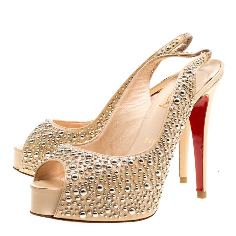 Christian Louboutin Beige Studded Patent Leather Star Prive Peep Toe ...