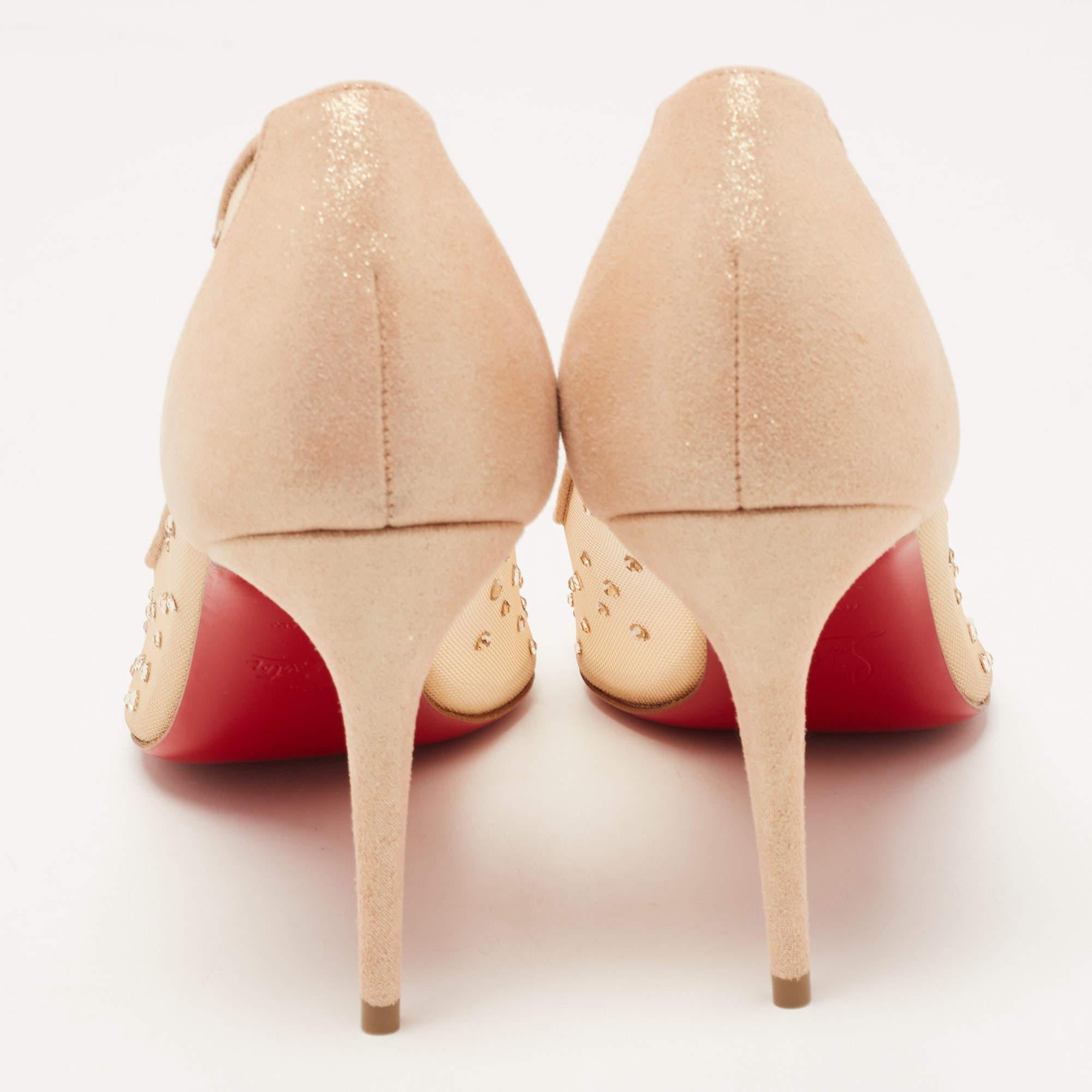 Christian Louboutin Beige Suede Follies Strass Pointed Toe Pumps Size 39 In New Condition In Dubai, Al Qouz 2