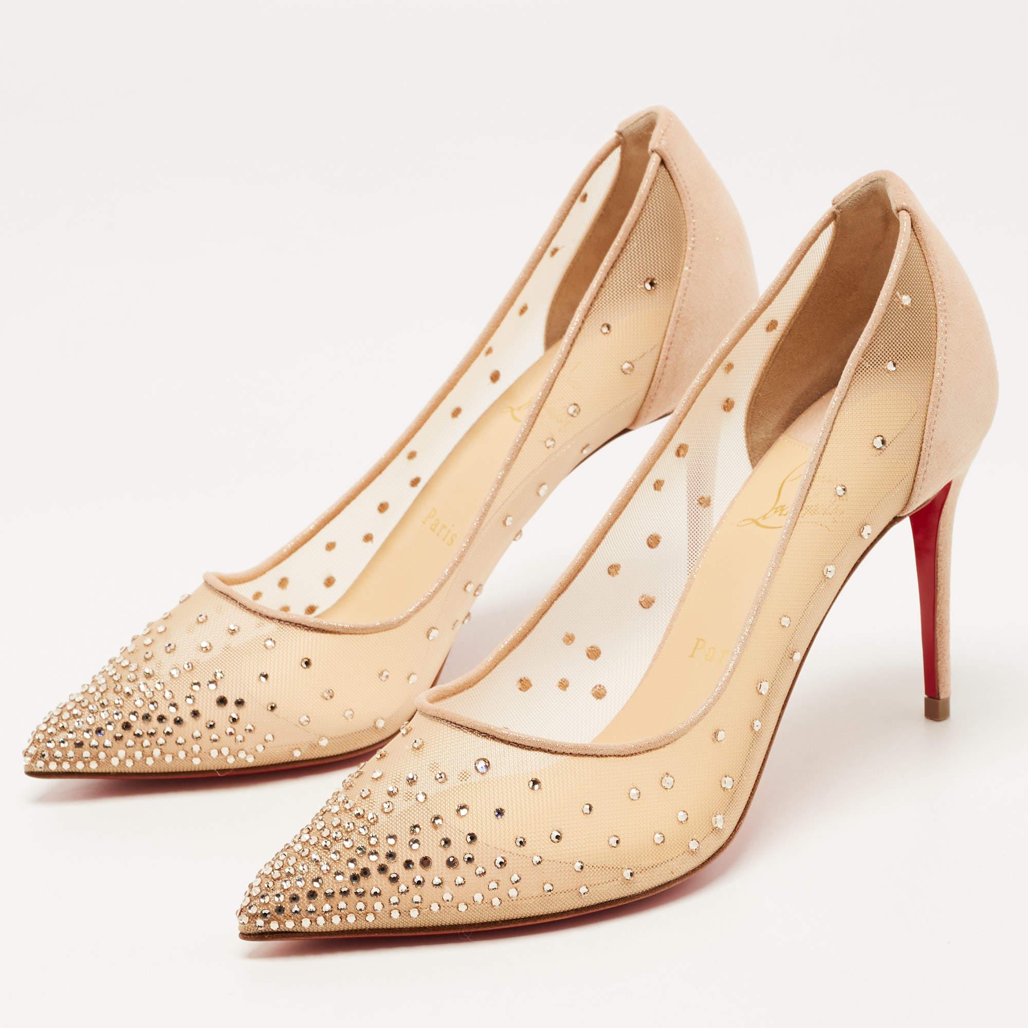 Women's Christian Louboutin Beige Suede Follies Strass Pointed Toe Pumps Size 39