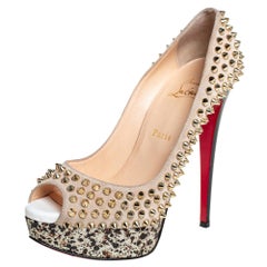 Christian Louboutin Beige Suede Lady Peep Spike Platform Pumps Size 38.5