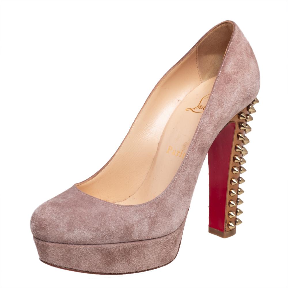 Christian Louboutin Beige Suede Spiked Platform Pumps Size 37 For Sale 3