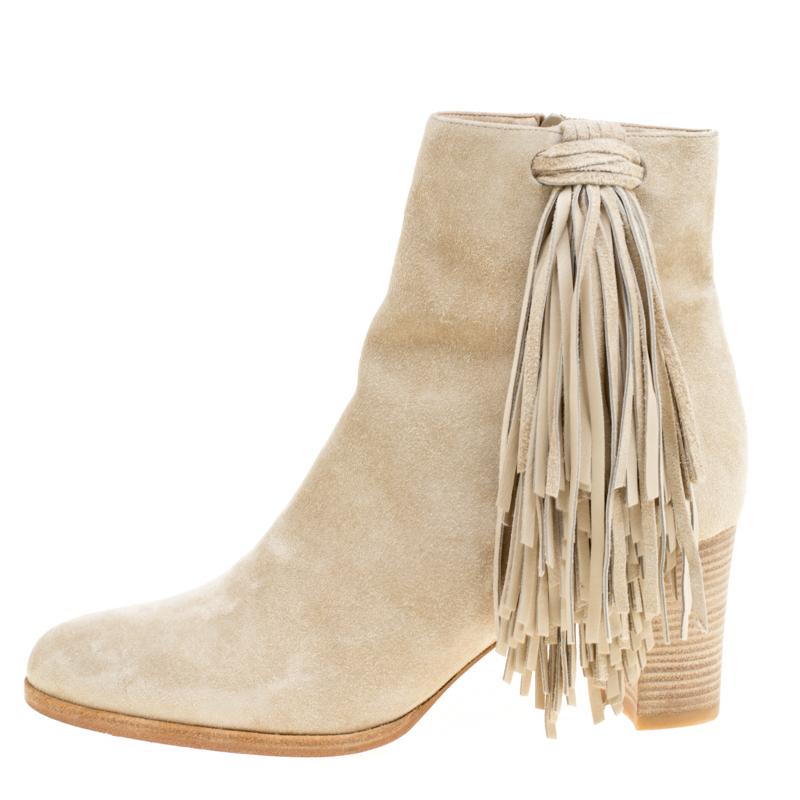 Christian Louboutin Beige Suede Tassel Detail Block Heel Ankle Boots Size 37.5 In Good Condition In Dubai, Al Qouz 2