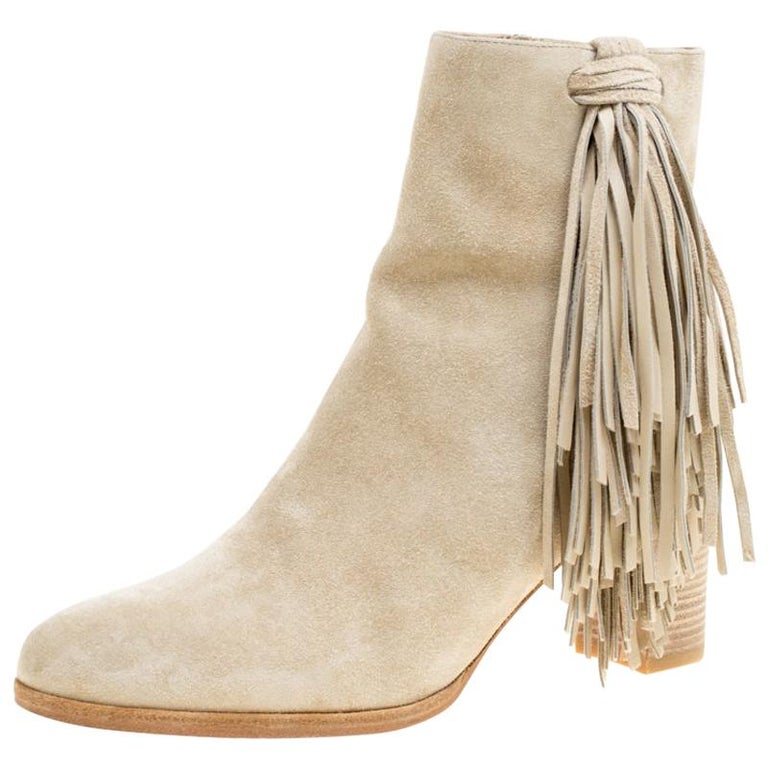 Christian Louboutin Beige Suede Tassel Detail Block Heel Ankle Boots Size  37.5 at 1stDibs | suede tassel ankle boots