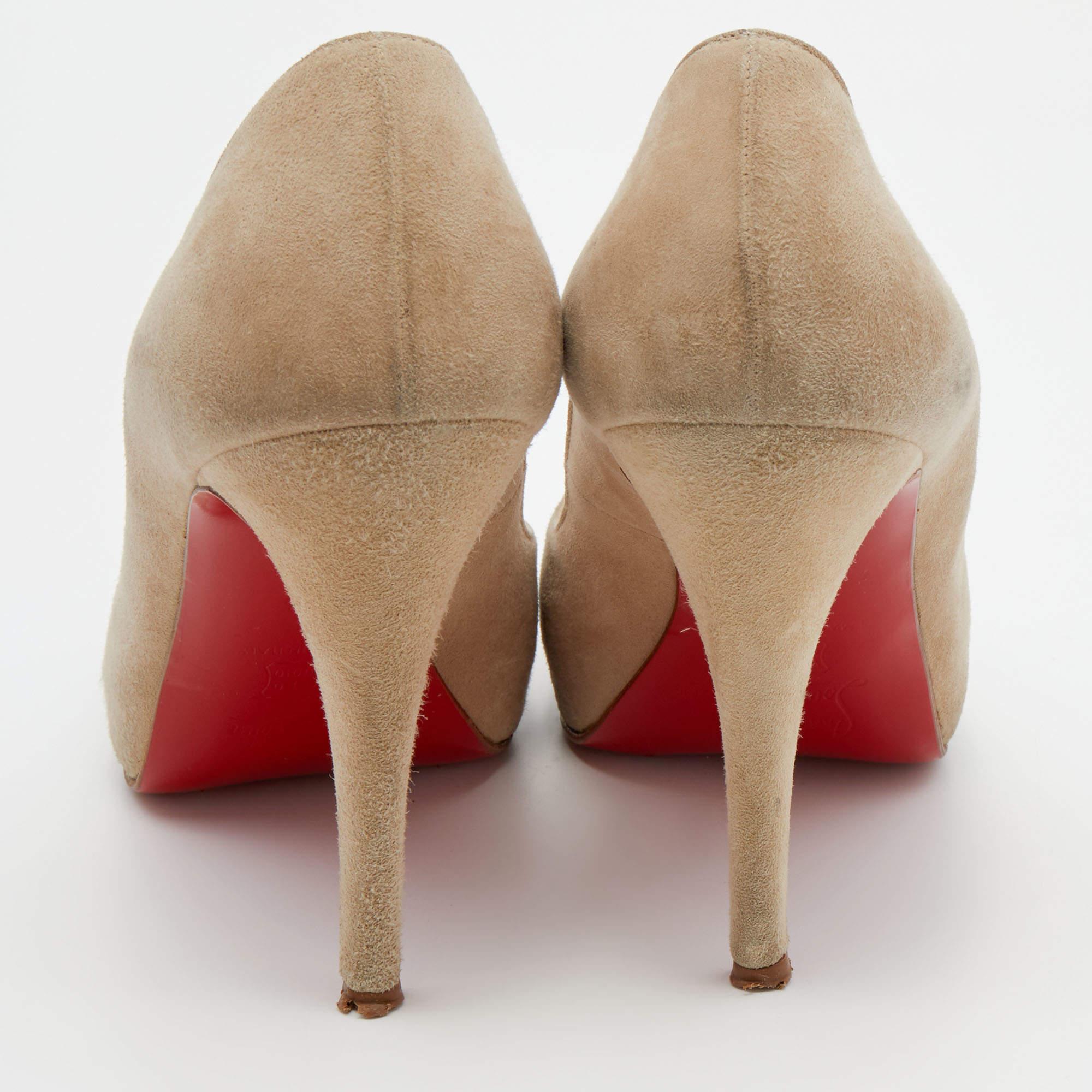 Christian Louboutin Beige Suede Very Prive Crystal Peep Toe Pumps Size 38.5 1