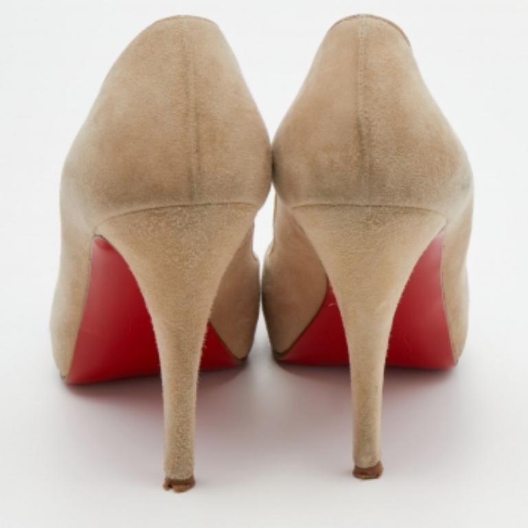 Christian Louboutin Beige Suede Very Prive Crystal Peep Toe Pumps Size 38.5 For Sale 2