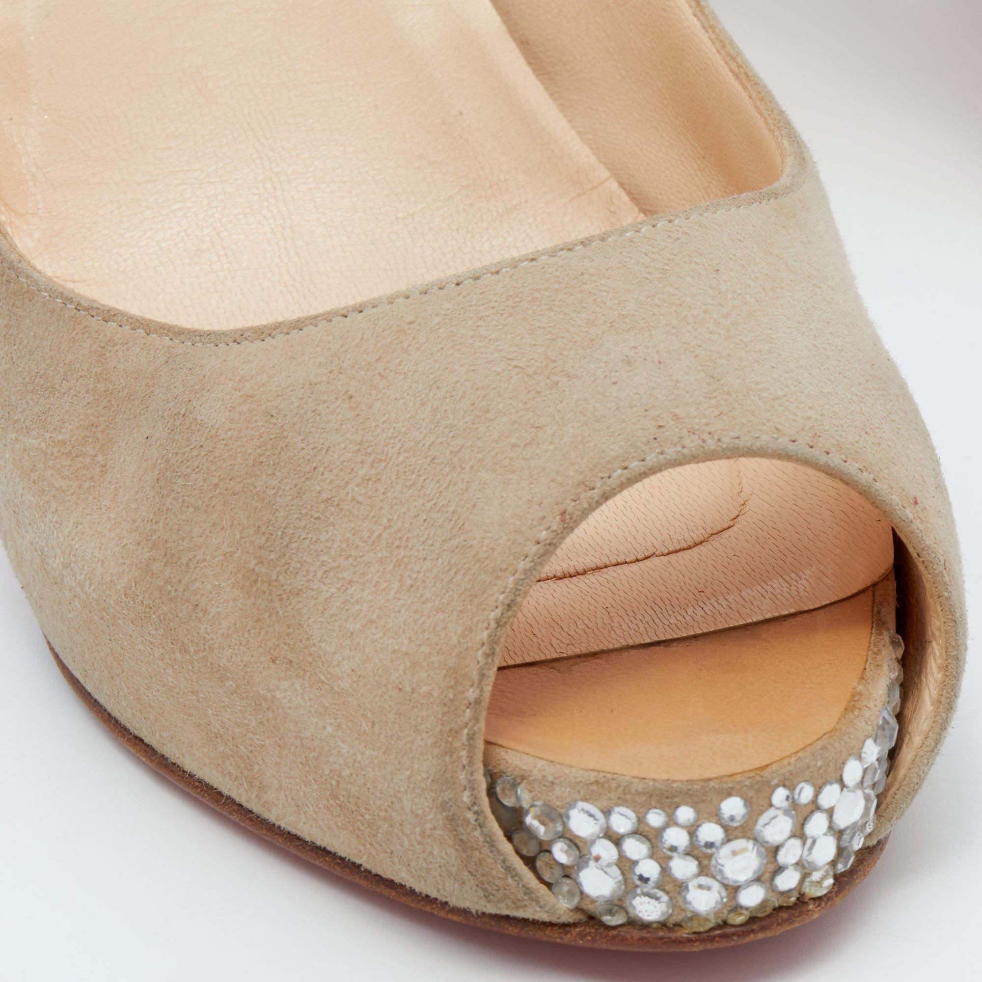 Christian Louboutin Beige Suede Very Prive Crystal Peep Toe Pumps Size 38.5 3