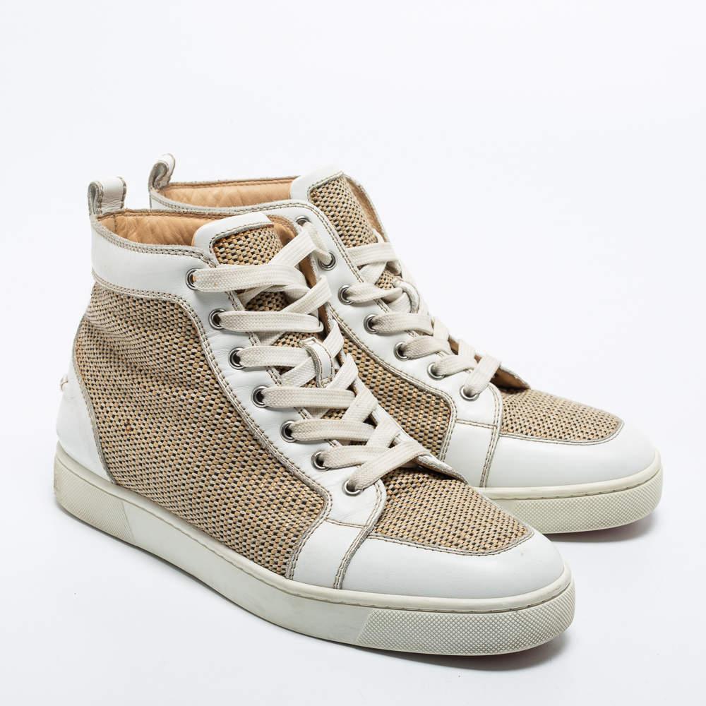 Christian Louboutin Beige/White Woven Fabric and Leather Rantus Orlato High Top  In Good Condition For Sale In Dubai, Al Qouz 2