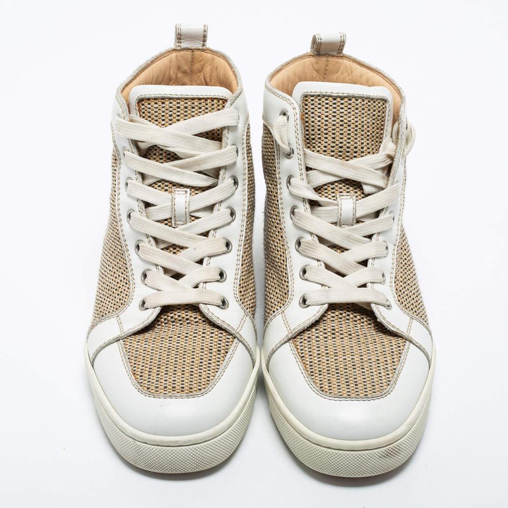 Women's Christian Louboutin Beige/White Woven Fabric and Leather Rantus Orlato High Top  For Sale