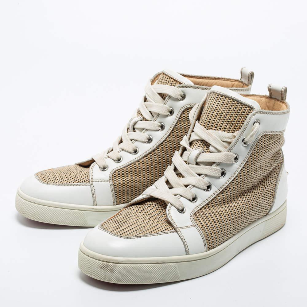 Christian Louboutin Beige/White Woven Fabric and Leather Rantus Orlato High Top  For Sale 1