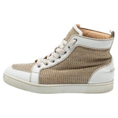 Christian Louboutin Beige/Weißes hochgewebtes Rantus Orlato-Top aus gewebtem Stoff und Leder 