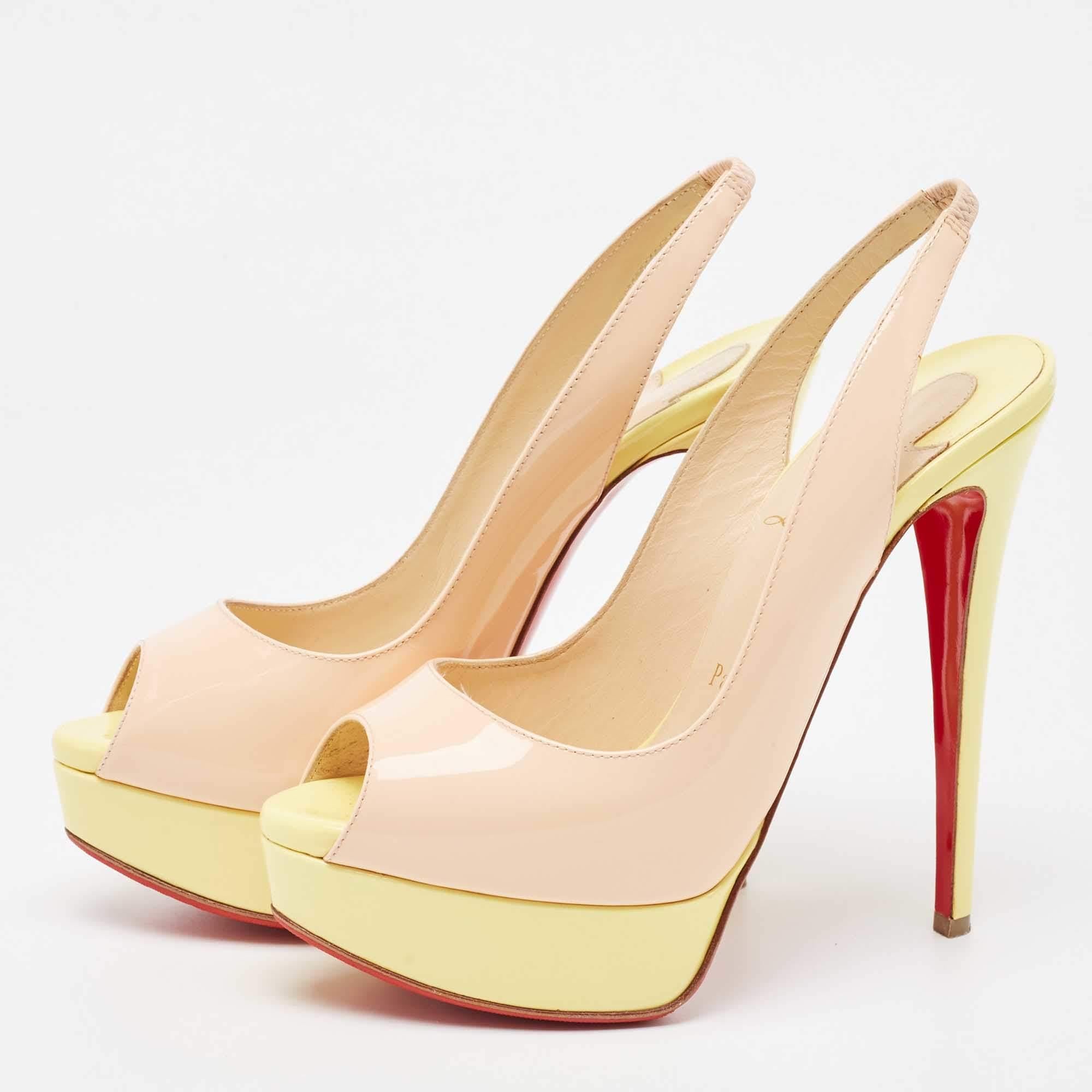 Christian Louboutin Beige/gelbe Patent Lady Peep Slingback Pumps Größe 36.5 im Zustand „Hervorragend“ in Dubai, Al Qouz 2