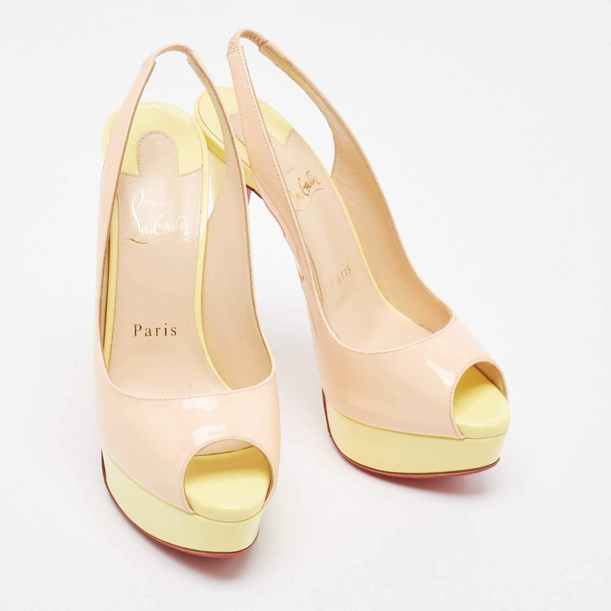 Christian Louboutin Beige/gelbe Patent Lady Peep Slingback Pumps Größe 36.5 Damen