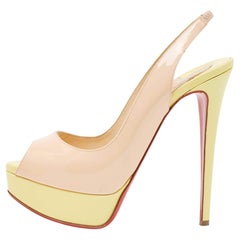 Christian Louboutin Beige/Yellow Patent Lady Peep Slingback Pumps Size 36.5