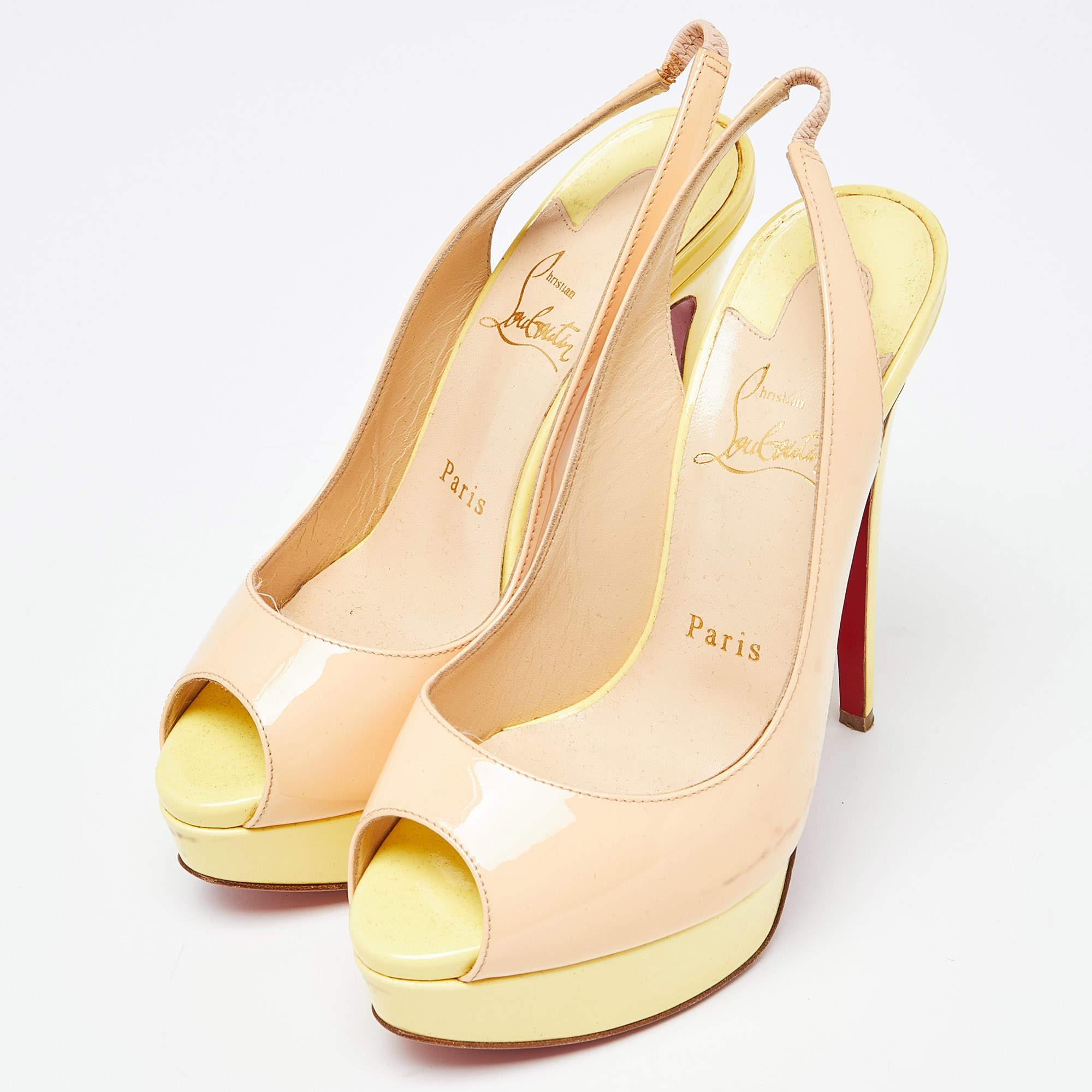 Christian Louboutin Beige/Yellow Patent Leather Lady Peep Slingback Pumps Size 3 In Good Condition For Sale In Dubai, Al Qouz 2