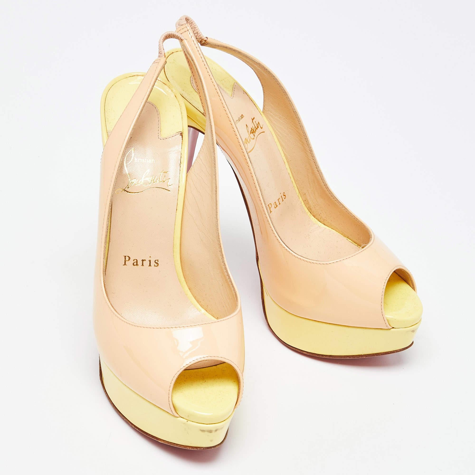 Christian Louboutin Beige/Yellow Patent Leather Lady Peep Slingback Pumps Size 3 For Sale 1