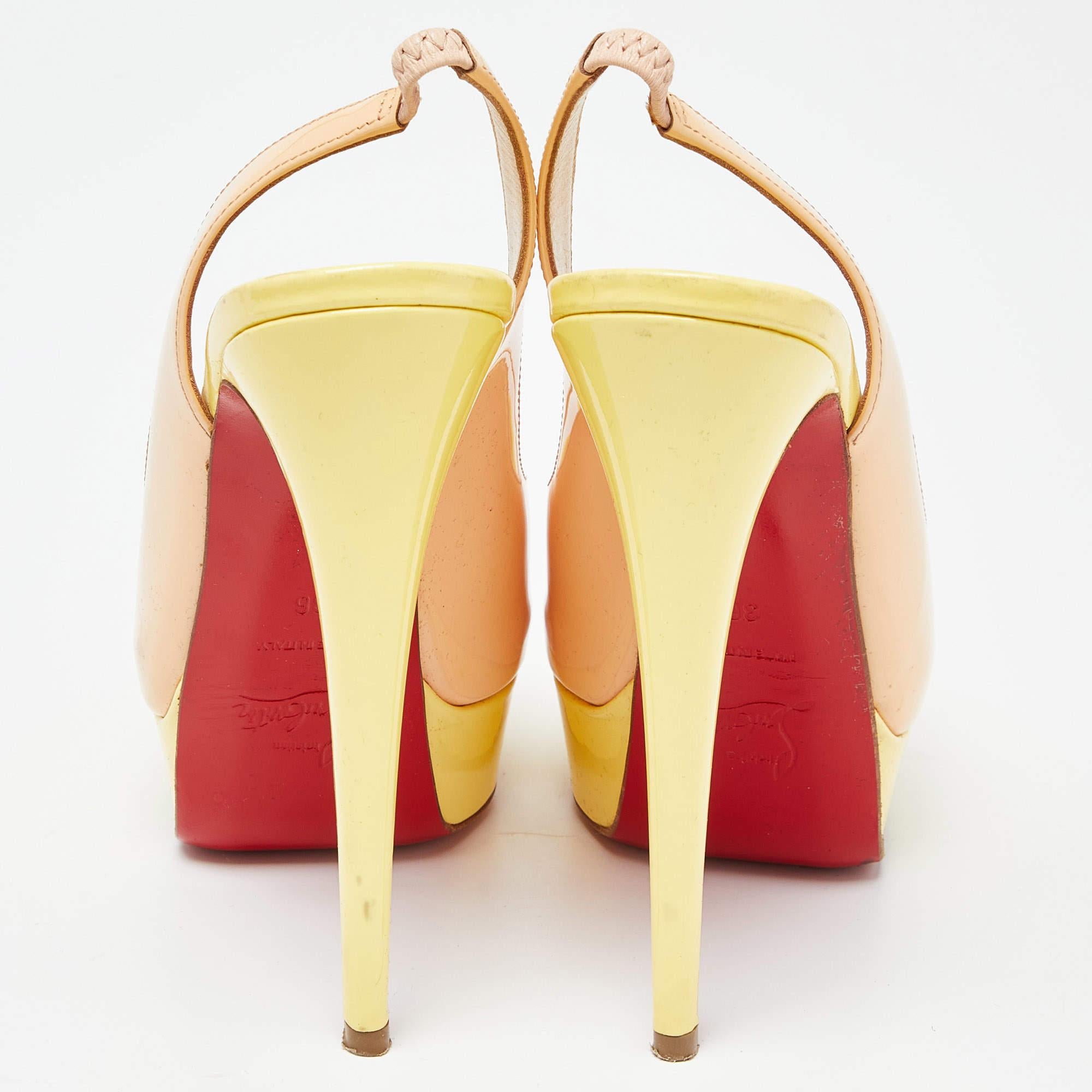 Christian Louboutin Beige/Yellow Patent Leather Lady Peep Slingback Pumps Size 3 For Sale 2