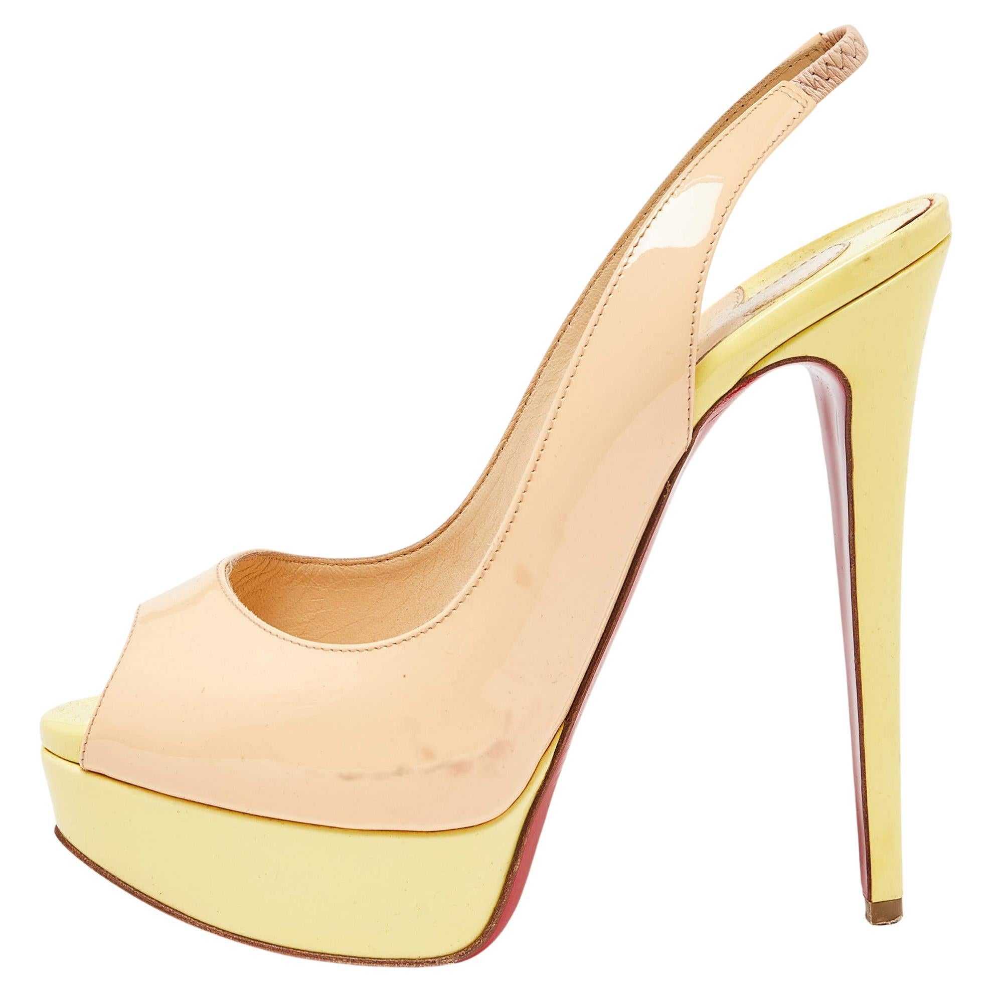 Christian Louboutin Beige/Yellow Patent Leather Lady Peep Slingback Pumps Size 3 For Sale