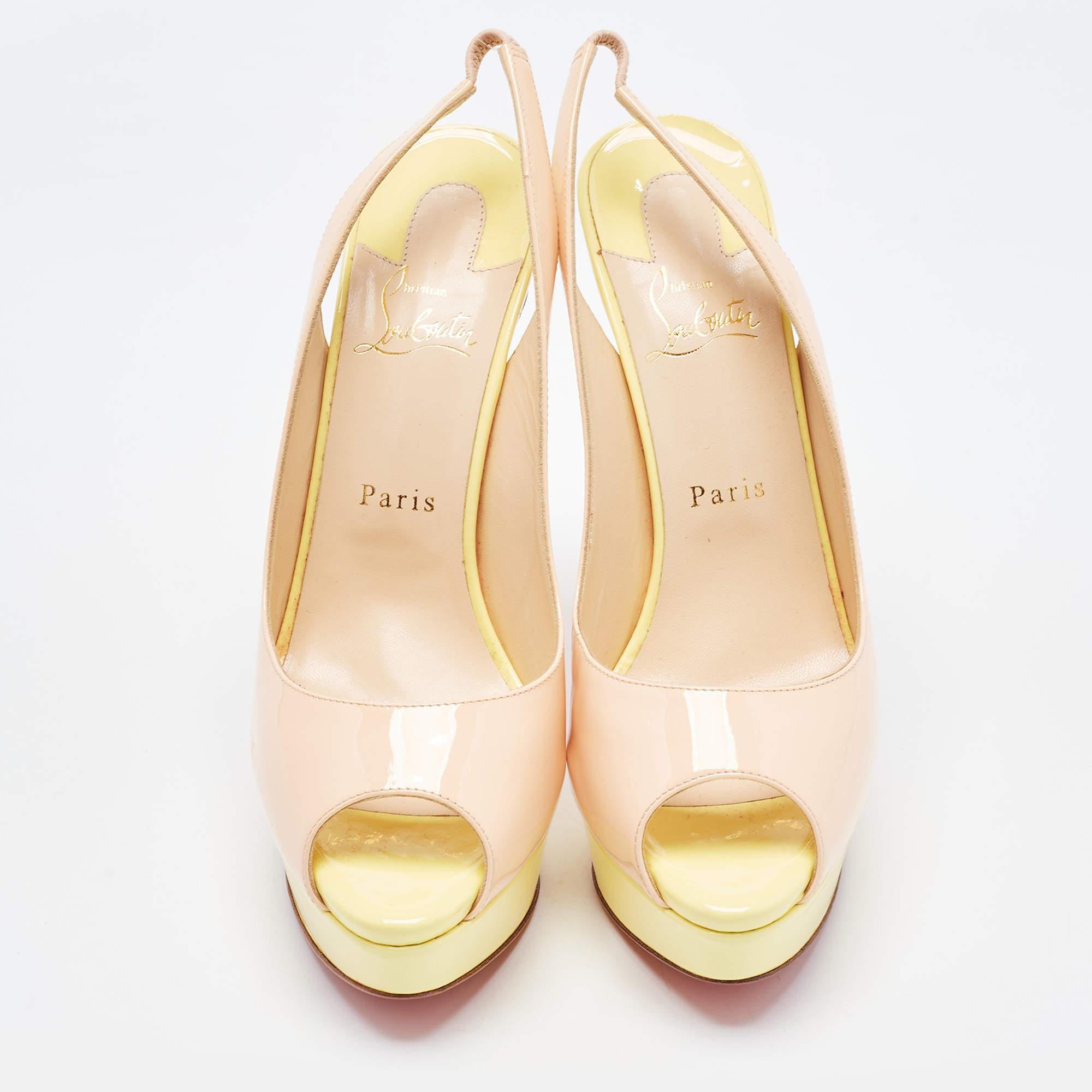 Christian Louboutin Beige/Yellow Patent Leather Lady Peep Slingback Pumps Size 4 In Excellent Condition For Sale In Dubai, Al Qouz 2