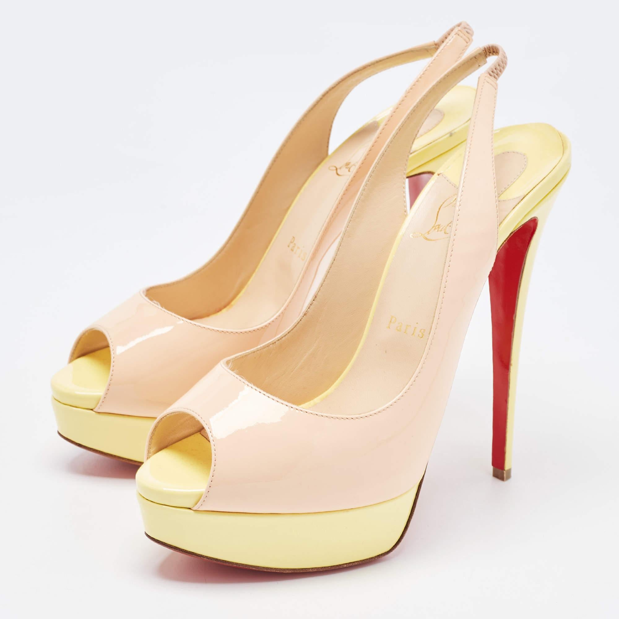 Women's Christian Louboutin Beige/Yellow Patent Leather Lady Peep Slingback Pumps Size 4 For Sale