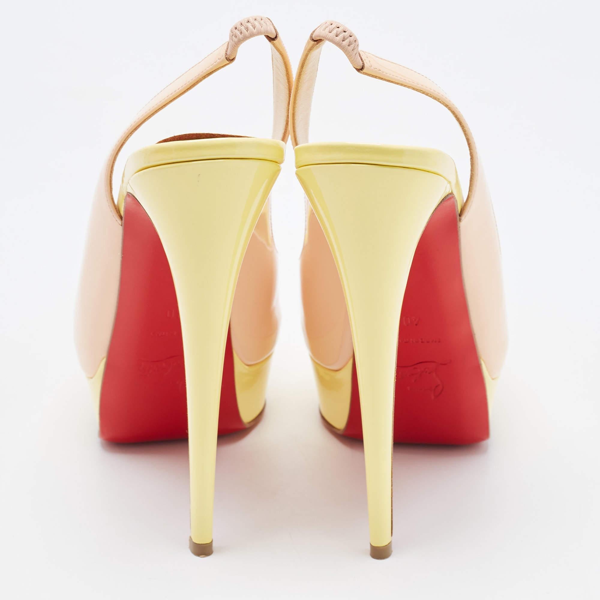 Christian Louboutin Beige/Yellow Patent Leather Lady Peep Slingback Pumps Size 4 For Sale 3
