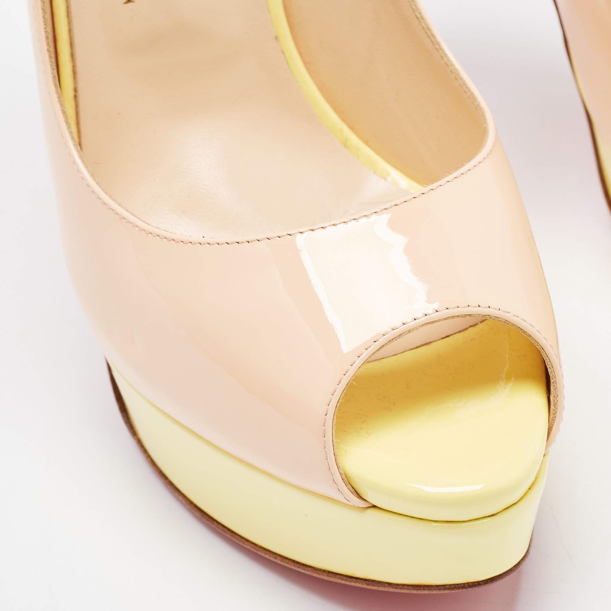 Christian Louboutin Beige/Yellow Patent Leather Lady Peep Slingback Pumps Size 4 For Sale 4