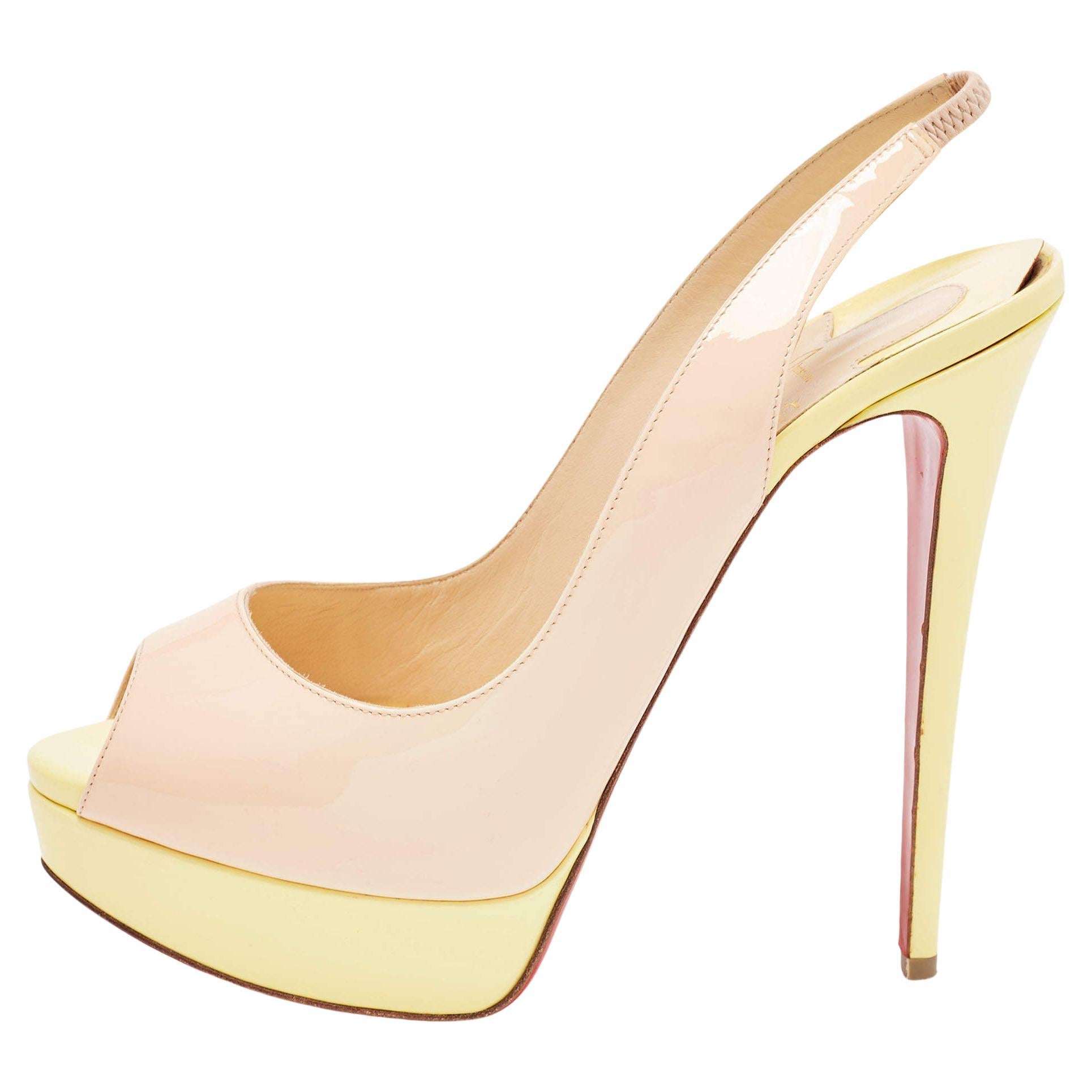 Christian Louboutin Beige/Yellow Patent Leather Lady Peep Slingback Pumps Size 4 For Sale
