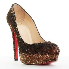CHRISTIAN LOUBOUTIN Bianca 140 gold sequins platform almond toe pumps heels EU38