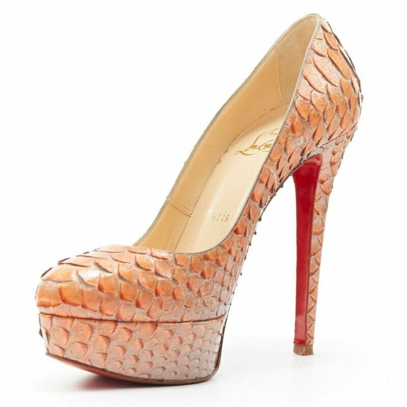CHRISTIAN LOUBOUTIN Bianca 140 orange genuine scaled almond platform pump EU36.5 In Good Condition For Sale In Hong Kong, NT