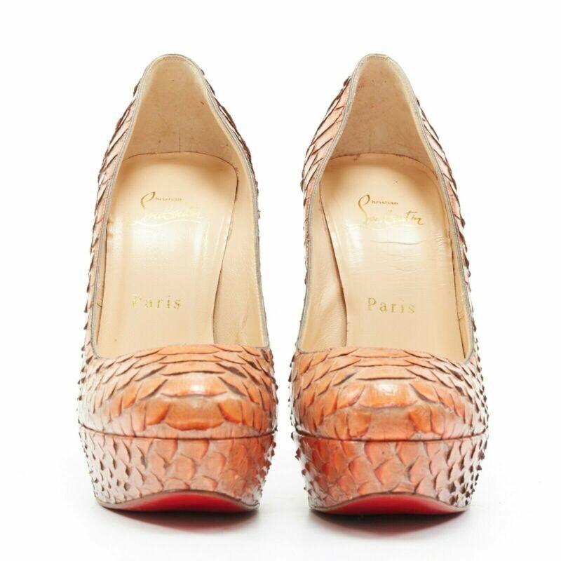 Beige CHRISTIAN LOUBOUTIN Bianca 140 orange genuine scaled leather almond pump EU36.5