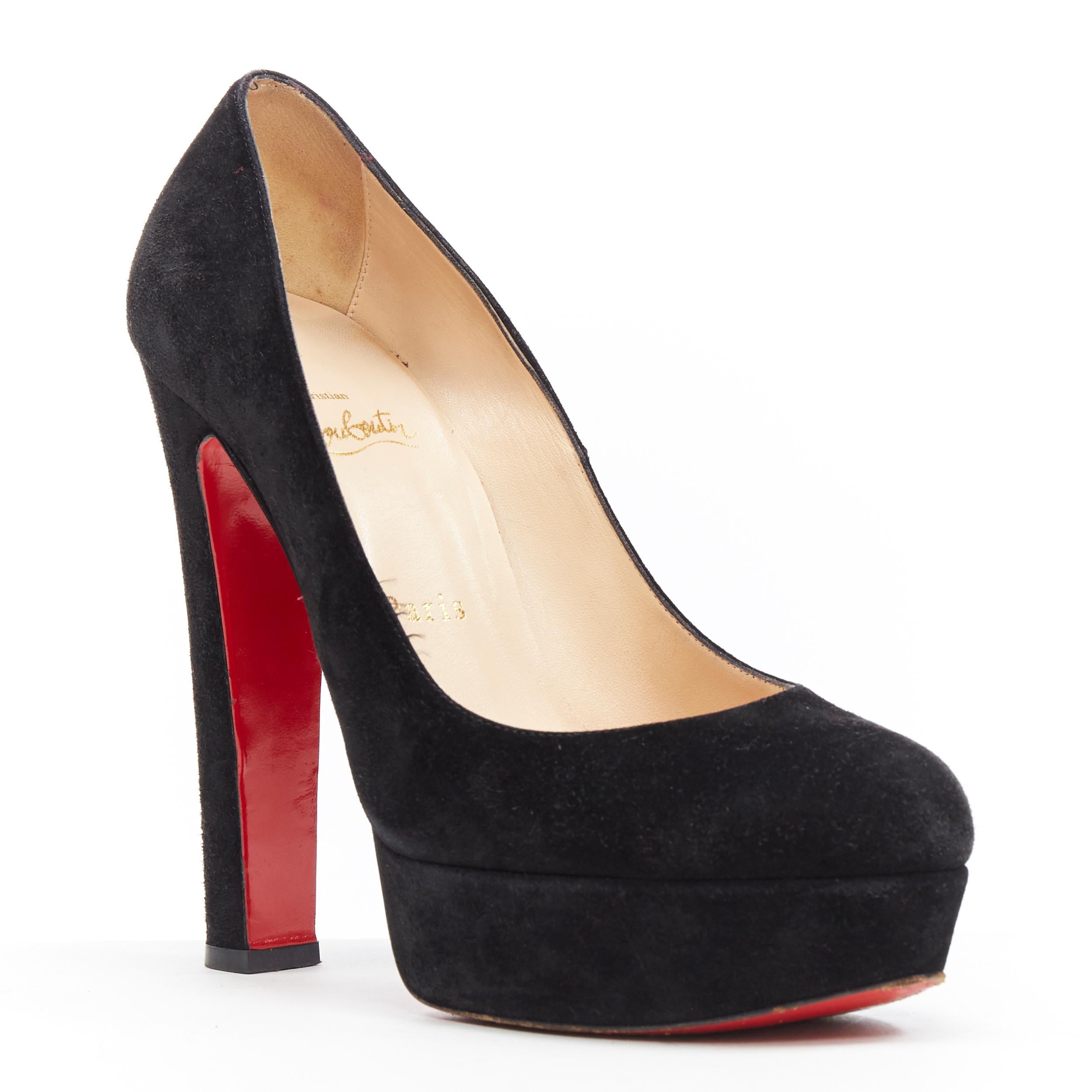 CHRISTIAN LOUBOUTIN Bibi 140 black suede almond toe platform chunky heel EU38.5
Brand: Christian Louboutin
Designer: Christian Louboutin
Model Name / Style: Bibi 140
Material: Suede
Color: Black
Pattern: Solid
Lining material: Leather
Extra Detail: